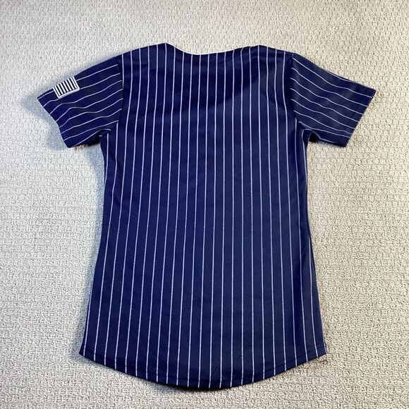 New York Pinstripe Baseball Jersey American Flag Patch Button Up Navy Blue - Picture 2 of 6